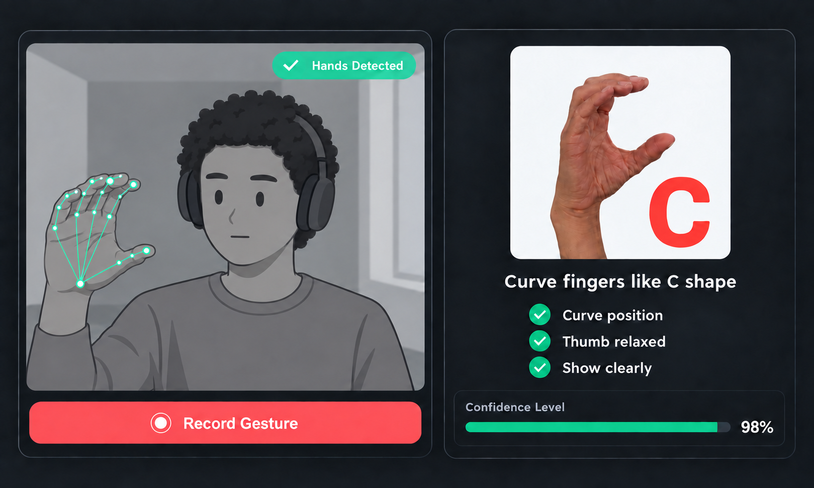 ASL learning interface tracking a gray illustrated learner with coily hair while teaching the letter C