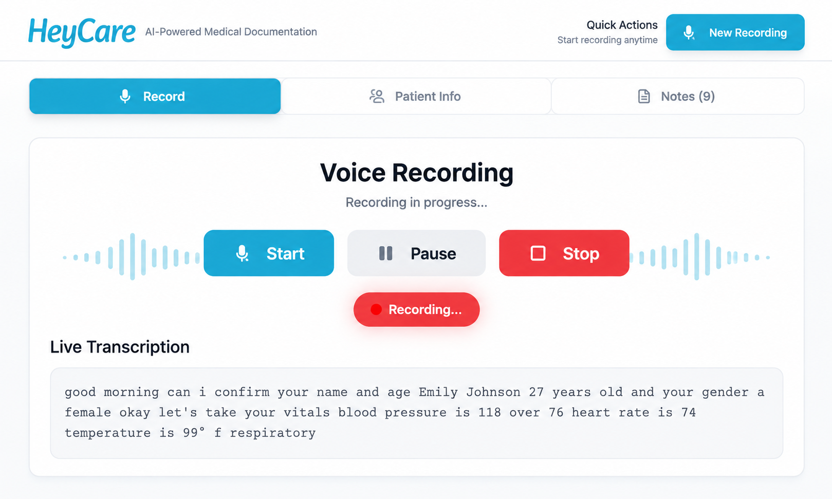 HeyCare voice recording dashboard with live clinical transcription