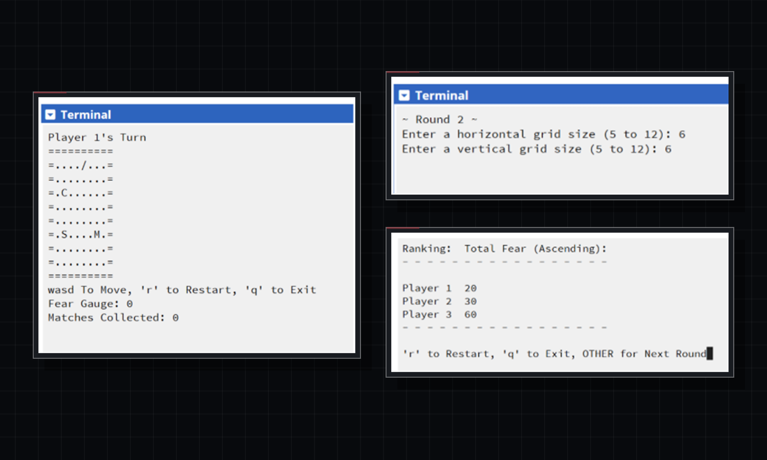 Terminal views showing gameplay, round setup, and player rankings for Scared of the Dark